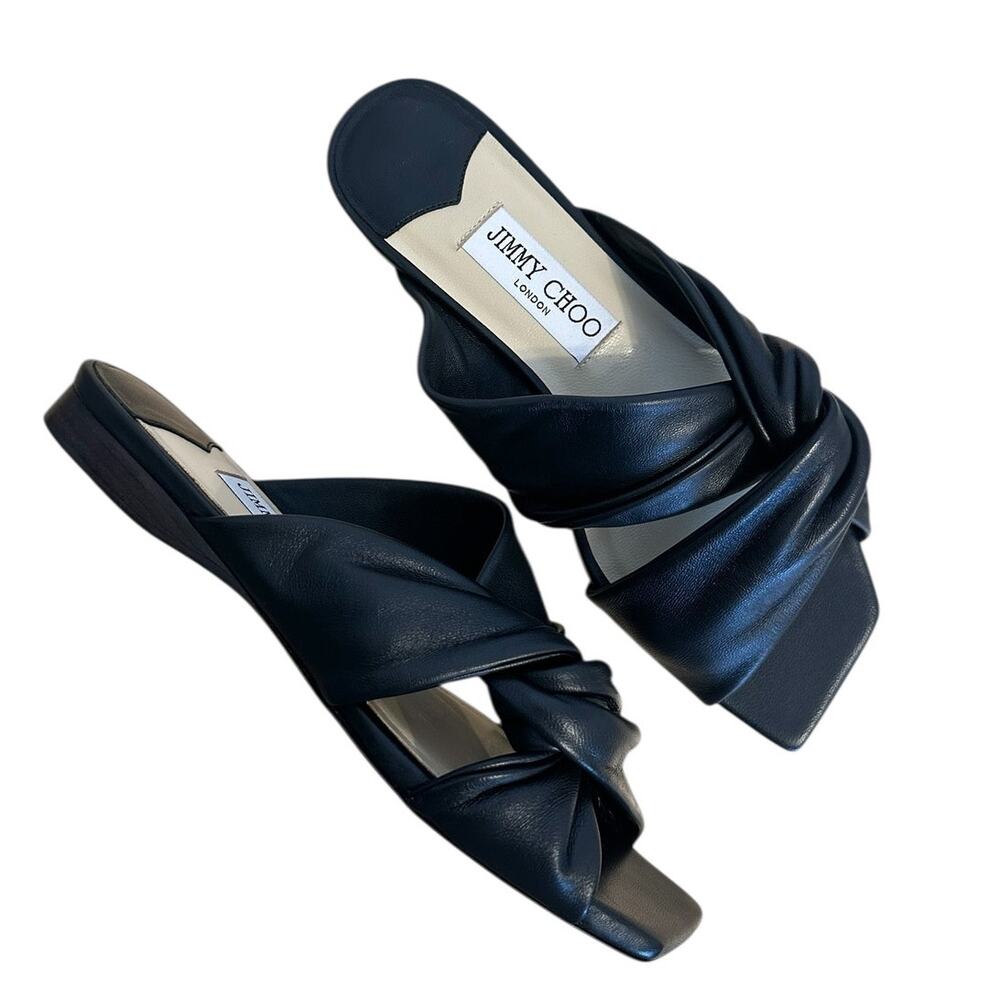 Jimmy Choo Black Leather Open Toe Slide Sandal Flat Size 36.5
